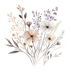 Wall Mural - Watercolor wildflower bouquet, illustration with a white background, soft pink and lavender colors,