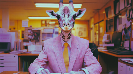 Canvas Print - A giraffe wearing a pink suit and yellow tie sits at a desk in an office.