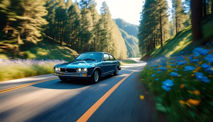 Vintage blue car cruising through a vibrant field of blooming flowers