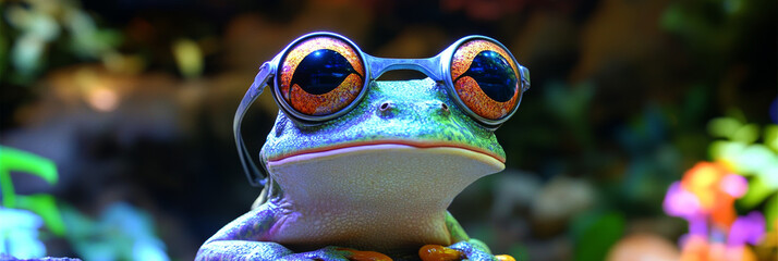 A frog wearing round glasses looks directly at the camera.