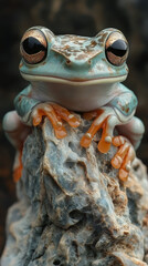 A blue and orange frog sits on a rock, looking directly at the camera.