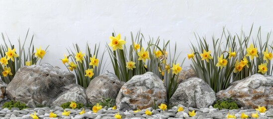 Canvas Print - Happy Spring Scene Flower Bed Yellow Isolated Closeup Of Daffodil Groupe In Prestine Garden Environment