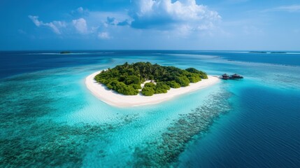 Aerial view of a tropical island surrounded by turquoise waters and white sandy beaches.