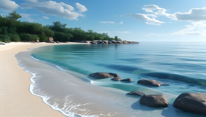 Serene coastal landscape with tranquil beach, pristine sand, and calm waves creating an alluring and peaceful ambiance