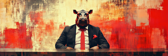 Sticker - A hippopotamus wearing a suit sits at a table.