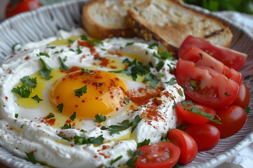 Fried eggs with parsley and cherry tomatoes on a plate.