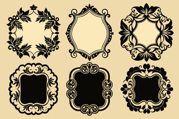 A Set of 6 decorative frame graphic design elements. silhouette black vector art illustration