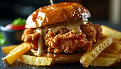 Delicious close-up of crispy chicken and golden fries showcasing mouthwatering textures, perfect for captivating advertising campaigns