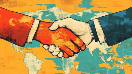 International collaboration represented by a handshake between two distinct arms symbolizing partnership across nations