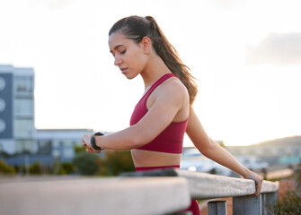 Poster - Fitness, smart watch and time with woman in city for running, health app and steps tracking. Sports, workout and wellness with person for marathon practice, training plan or monitor progress