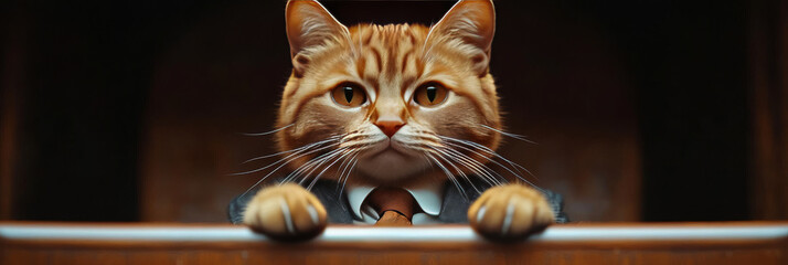 Poster - A ginger cat in a suit and tie looks seriously at the camera.