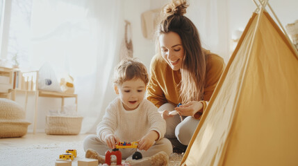 A joyful mother and her young child play together with colorful building blocks in cozy, sunlit room. warm atmosphere enhances their bonding experience