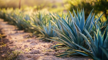 Wall Mural - Rows of vibrant blue agave plants thrive on a sunlit path in a serene desert landscape during golden hour