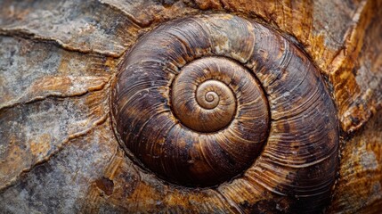 A close-up view of a brown spiral shell situated on a rocky surface showcasing intricate patterns and textures in natural light