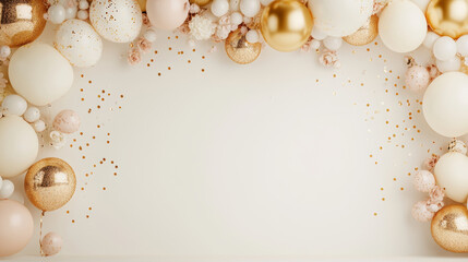 Elegant and festive, this image features beautiful arrangement of balloons in soft pastel colors, including white, pink, and gold. decorative elements create joyful atmosphere, perfect for celebration