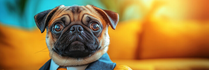 Poster - A cute pug wearing a tuxedo looks at the camera.