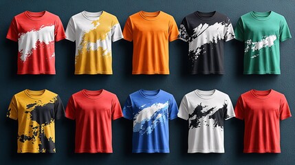 A set of t-shirts in solid colors with abstract shapes and patterns hovering above them in a vector style