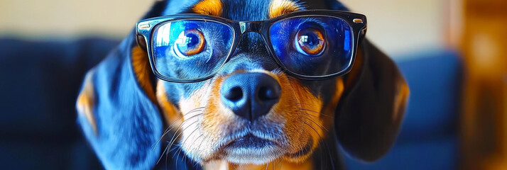 Canvas Print - A cute dog wearing glasses stares intently at the camera.