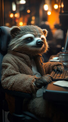 Canvas Print - Raccoon in brown jacket typing on a keyboard.