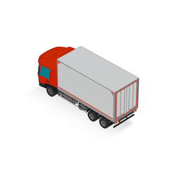 3D Isometric Cargo Truck Half Tone Vector Illustration Modern RedCabine and White Van Intercity Delivery Vehicle 6x4Design for Logistics Transport Presentation Social Media Video Promo Back Left