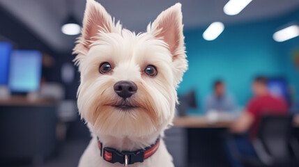 Canvas Print - White dog in an office setting looking at camera