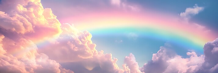 Wall Mural - rainbow with many clouds and sky light pink blue green yellows and purples from the sun, generative ai