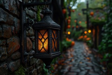 Sticker - Glowing lantern on a stone wall in a forest