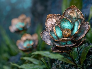 Wall Mural - Vibrant copper and turquoise flower sculpture in nature