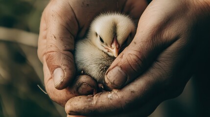 a tender moment of a small, fluffy chick being gently cradled in human hands, symbolizing care and c