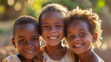 Wall Mural - A close-up of three smiling children from diverse backgrounds