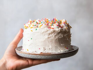 A hand holds a round, frosted cake topped with colorful sprinkles, set on a rustic plate against a simple background.