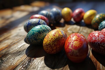 Poster - Colorful hand-painted easter eggs on wooden surface