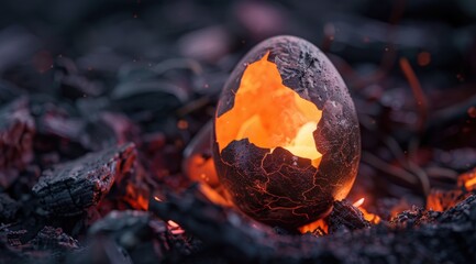 Canvas Print - Cracked volcanic egg glowing from within