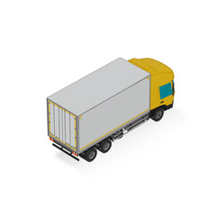 3D Isometric Cargo Truck Half Tone Vector Illustration Modern YellowCabine and White Van Intercity Delivery Vehicle 6x4Design for Logistics Transport Presentation Social Media Video Promo Back Right