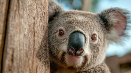 Wall Mural - close-up of a curious koala peeking out from behind a tree