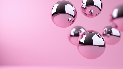 Wall Mural - Shiny chrome spheres floating on a pink background