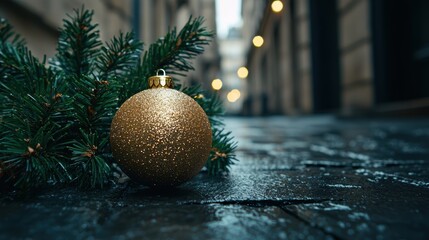 Wall Mural - Festive golden christmas ornament on snowy pine branches