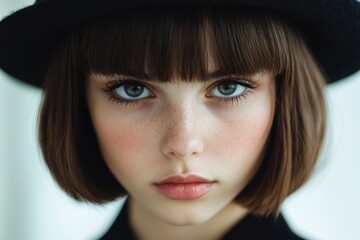 Sticker - Intense gaze of a young woman with dark hair