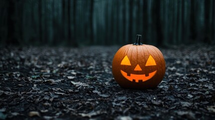 Poster - Glowing jack-o'-lantern in dark forest