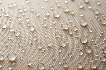 Sticker - Close-up of water droplets on beige fabric with reflections