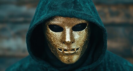 Poster - mysterious golden masked figure in hooded cloak