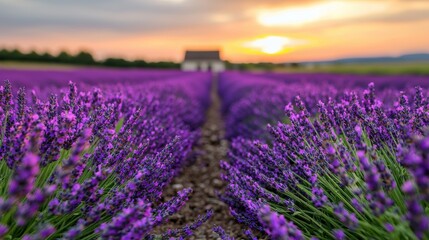 Canvas Print - Vibrant lavender field at sunset