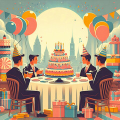 Canvas Print - Retro-styled illustration of a birthday party with four men in suits, seated around a large cake, surrounded by gifts and balloons in a cityscape setting