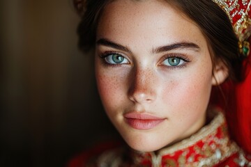 Poster - Captivating portrait of a woman with striking green eyes