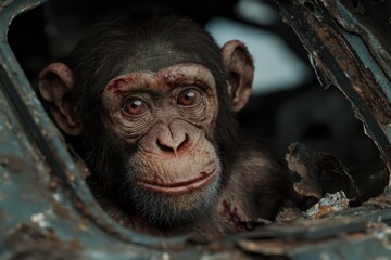 Poster - close-up of injured chimpanzee in dark cave