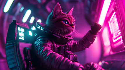 Wall Mural - a futuristic cat astronaut in a neon-lit space station.