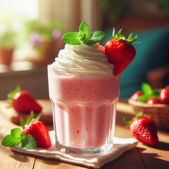 Poster - A fresh strawberry milkshake topped with whipped cream and mint leaves, garnished with a whole strawberry, set in a cozy, sunlit kitchen