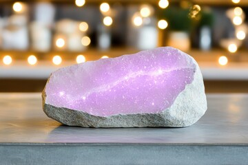 Wall Mural - Glowing amethyst crystal on a reflective surface