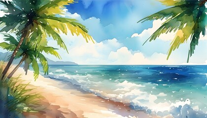 Serene summer beach landscape with watercolor ocean, soft sand, and gentle waves under a clear sky