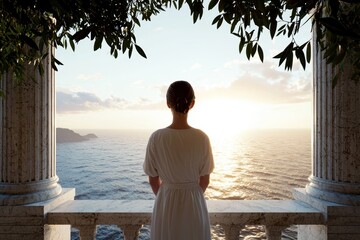 Poster - woman gazing at serene ocean view from balcony